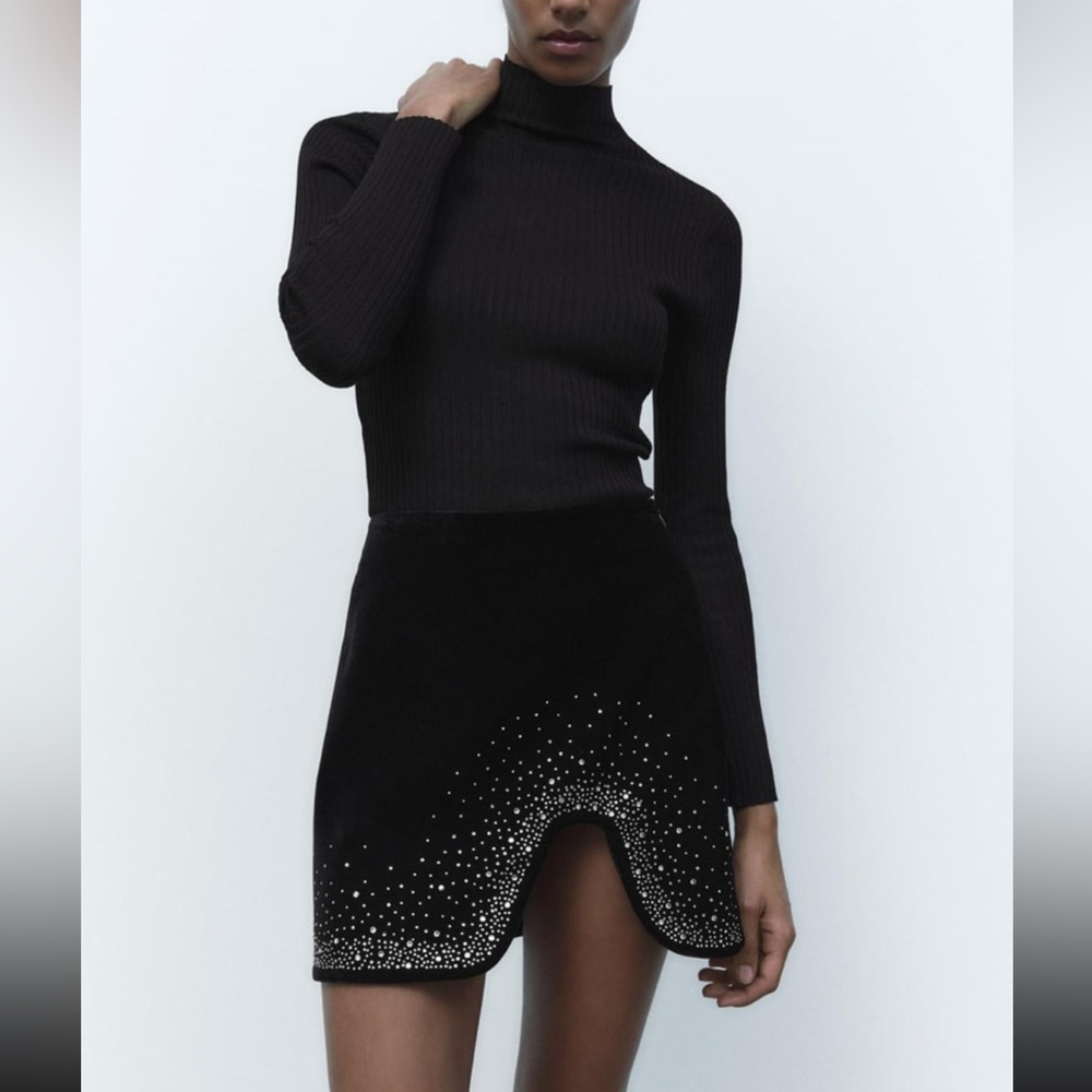 Zara Rhinestone Velvet Mini Skirt, Black, Size Small